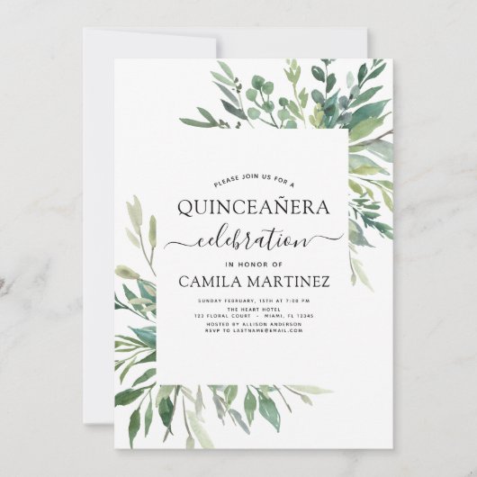 Quinceanera lente botanische groen uitnodiging (Voorkant)