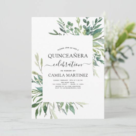 Quinceanera lente botanische groen uitnodiging (Staand voorkant)