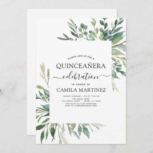 Quinceanera lente botanische groen uitnodiging (Voorkant / Achterkant)