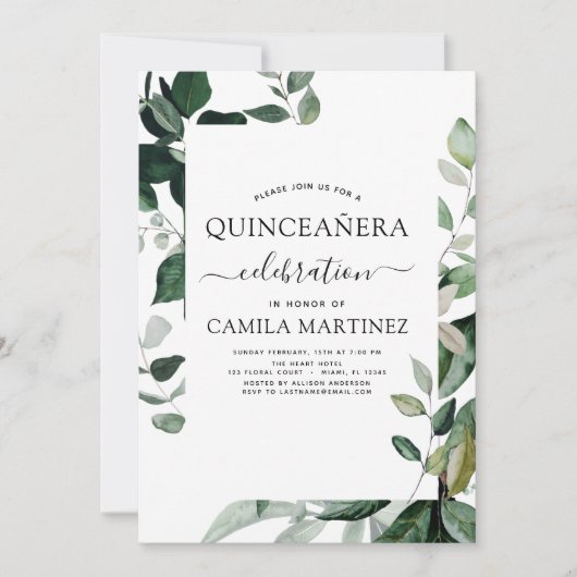 Quinceanera lente botanische groen uitnodiging (Voorkant)