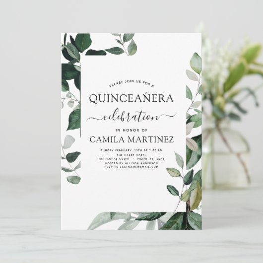 Quinceanera lente botanische groen uitnodiging (Staand voorkant)