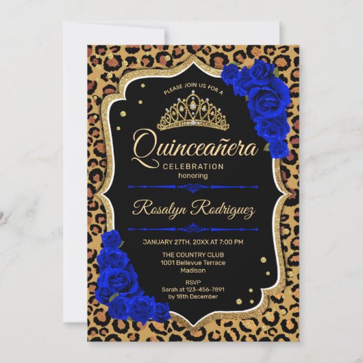 Quinceanera - Leopard Print Gold Royal Blue Kaart (Voorkant)