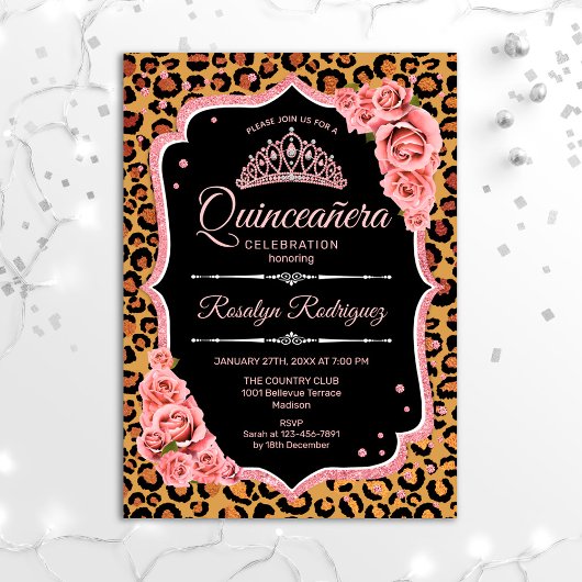 Quinceanera - Leopard Roos Gold Kaart