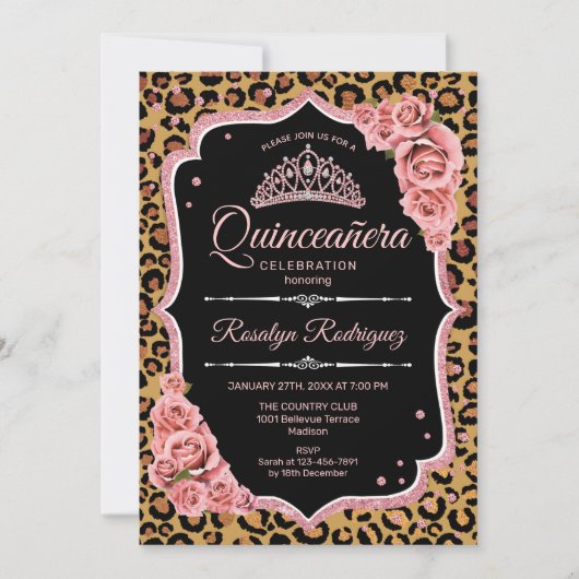 Quinceanera - Leopard Roos Gold Kaart (Voorkant)