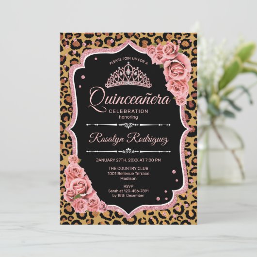 Quinceanera - Leopard Roos Gold Kaart (Staand voorkant)
