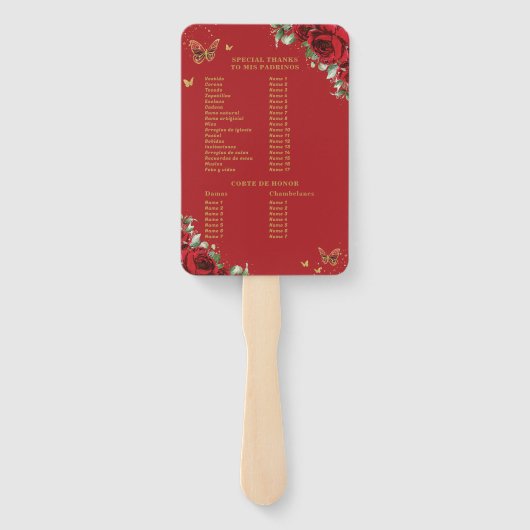 Quinceañera Levendig Rood Bloemen Evenementenprogr Handwaaier (Achterkant)