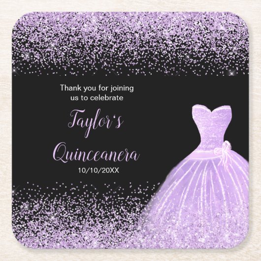 Quinceanera Licht Paarse Faux Glitter Kartonnen Onderzetters (Voorkant)