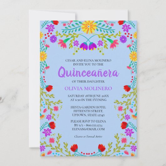 Quinceanera Lichtblauw Mexicaanse Bloemen Verjaard Kaart (Voorkant)