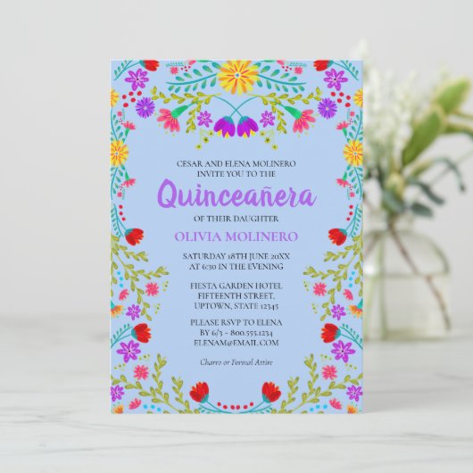 Quinceanera Lichtblauw Mexicaanse Bloemen Verjaard Kaart (Staand voorkant)