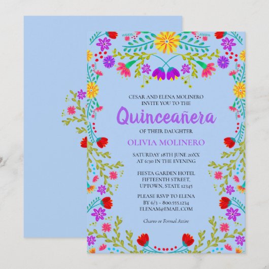Quinceanera Lichtblauw Mexicaanse Bloemen Verjaard Kaart (Voorkant / Achterkant)