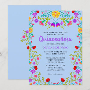 Quinceanera Lichtblauw Mexicaanse Bloemen Verjaard Kaart