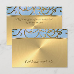 Quinceanera Light Blue en Gold Filigree Swirls Kaart