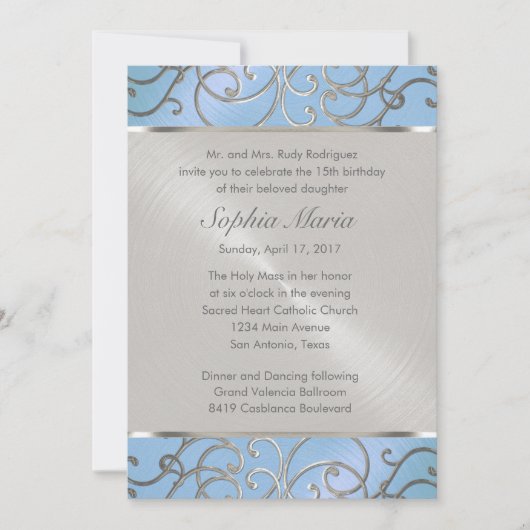 Quinceanera Light Blue en Silver Filigree Swirls Kaart (Voorkant)