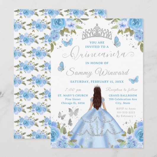 Quinceañera Light Blue Princess Brunette Girl Kaart (Voorkant / Achterkant)
