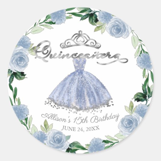 Quinceanera Light Blue Silver Gown Floral Ronde Sticker (Voorkant)