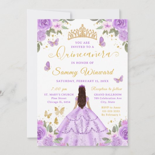 Quinceañera Light Purple Princess Brunette Girl Kaart (Voorkant)