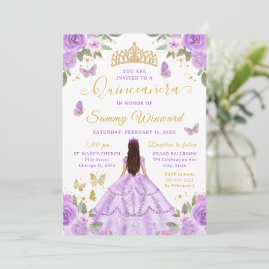 Quinceañera Light Purple Princess Brunette Girl Kaart (Staand voorkant)