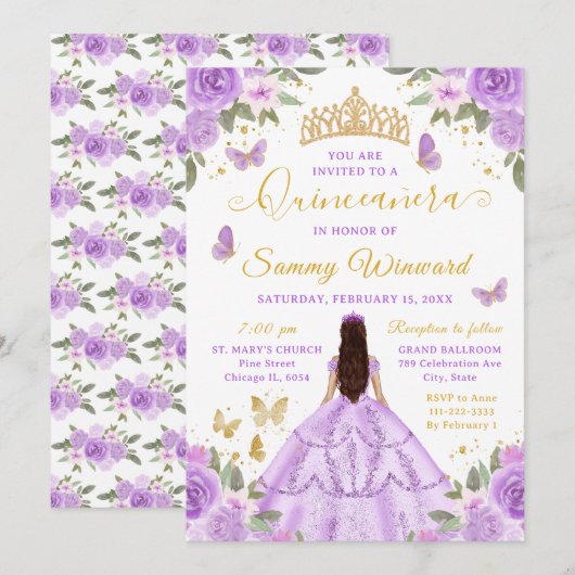 Quinceañera Light Purple Princess Brunette Girl Kaart (Voorkant / Achterkant)