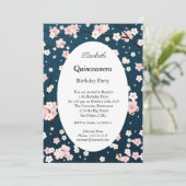 Quinceanera Light Roze bloemen Blauw Kaart (Staand voorkant)