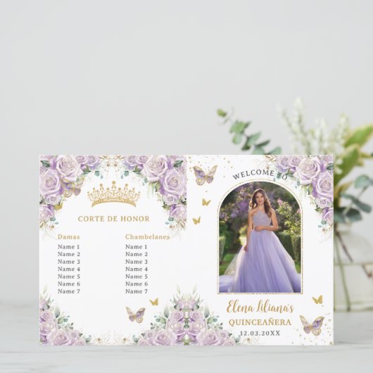 Quinceañera Lila Bloemenvlinders Fotoprogramma (Staand voorkant)