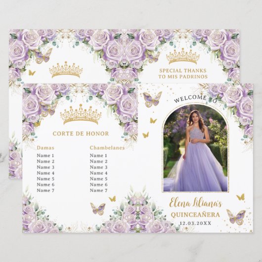 Quinceañera Lila Bloemenvlinders Fotoprogramma (Voorkant / Achterkant)