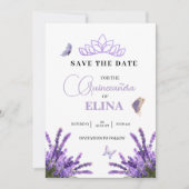 Quinceañera Lila bloemkroon Tiara & vlinders Save The Date (Voorkant)