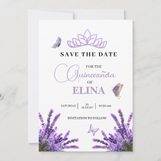 Quinceañera Lila bloemkroon Tiara & vlinders Save The Date (Voorkant)