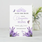 Quinceañera Lila bloemkroon Tiara & vlinders Save The Date (Staand voorkant)