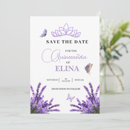 Quinceañera Lila bloemkroon Tiara & vlinders Save The Date (Staand voorkant)