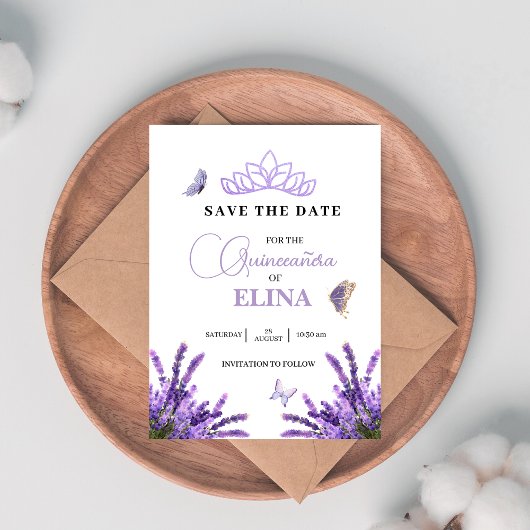 Quinceañera Lila bloemkroon Tiara & vlinders Save The Date