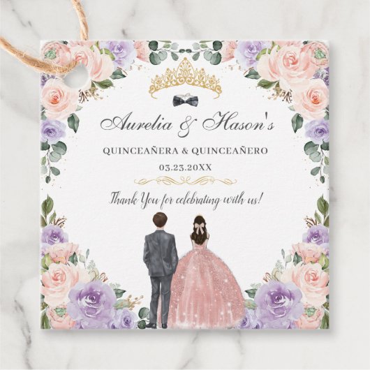 Quinceañera Lila Blush Bloemen Twins Jongen Meisje Bedankjes Labels (Voorkant)