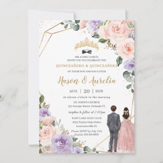 Quinceañera Lila Blush Bloemen Twins Jongen Meisje Kaart (Voorkant)