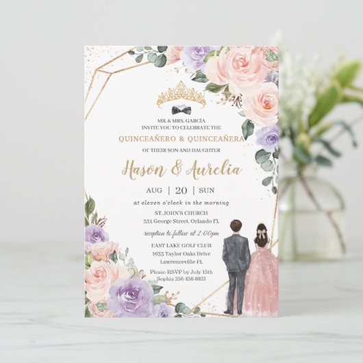 Quinceañera Lila Blush Bloemen Twins Jongen Meisje Kaart (Staand voorkant)