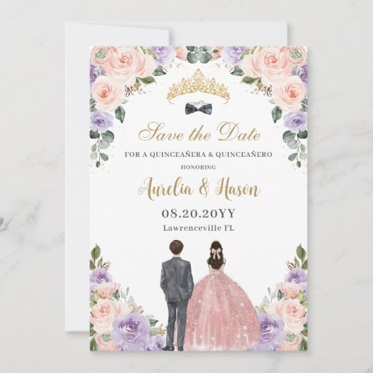 Quinceañera Lila Blush Bloemen Twins Jongen Meisje Save The Date (Voorkant)