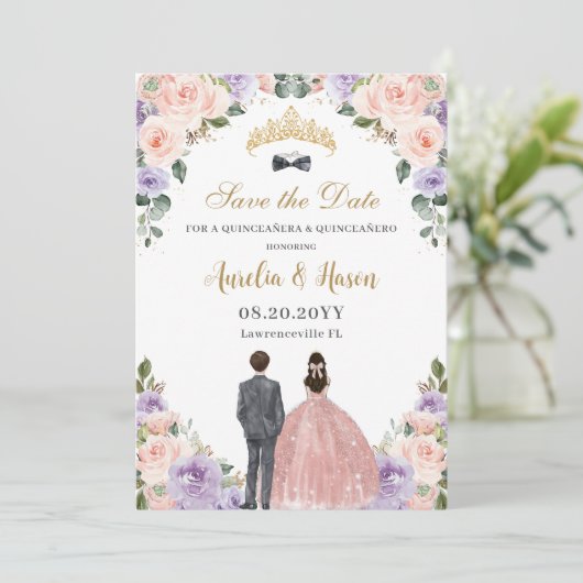 Quinceañera Lila Blush Bloemen Twins Jongen Meisje Save The Date (Staand voorkant)