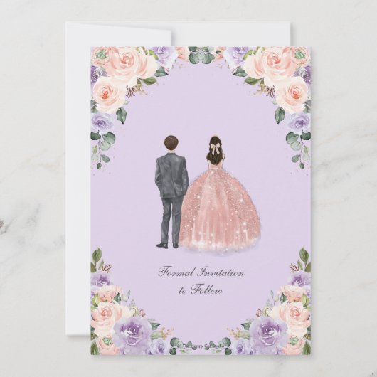 Quinceañera Lila Blush Bloemen Twins Jongen Meisje Save The Date (Achterkant)
