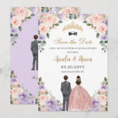 Quinceañera Lila Blush Bloemen Twins Jongen Meisje Save The Date (Voorkant / Achterkant)