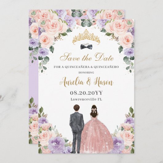Quinceañera Lila Blush Bloemen Twins Jongen Meisje Save The Date (Voorkant / Achterkant)