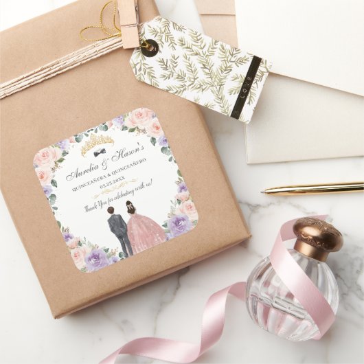 Quinceañera Lila Blush Bloemen Twins Jongen Meisje Vierkante Sticker (Geschenken)