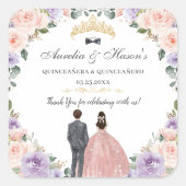 Quinceañera Lila Blush Bloemen Twins Jongen Meisje Vierkante Sticker (Voorkant)