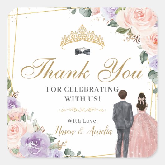 Quinceañera Lila Blush Bloemen Twins Jongen Meisje Vierkante Sticker (Voorkant)
