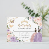 Quinceañera Lila Blush Floral Roos Gold Twins RSVP Kaartje (Staand voorkant)