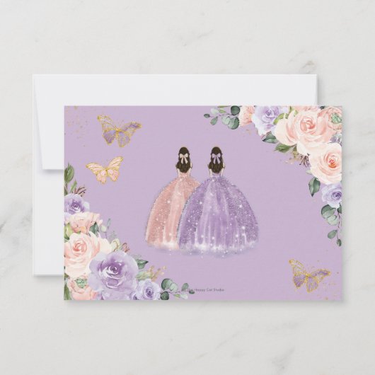 Quinceañera Lila Blush Floral Roos Gold Twins RSVP Kaartje (Achterkant)