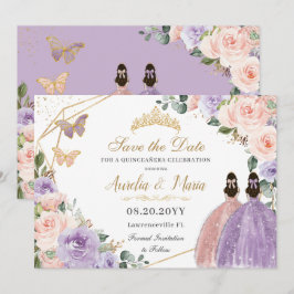 Quinceañera Lila Blush Floral Roos Gold Twins Save The Date