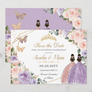 Quinceañera Lila Blush Floral Roos Gold Twins Save The Date
