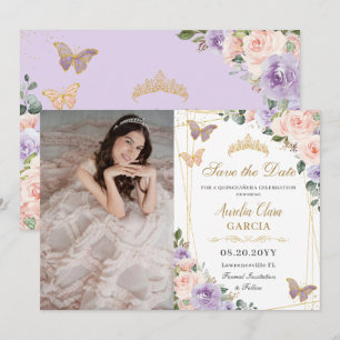 Quinceañera Lila Blush Floral Verjaardag Foto Save The Date