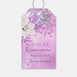Quinceanera Lila Paars Glitter Floral Gift Label Cadeaulabel