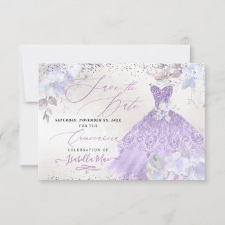 Quinceanera Lila Paars Glitter Gown Save Date Kaart