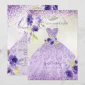 Quinceanera Lila Paars Silver Glitter Gown Invit Kaart (Voorkant / Achterkant)