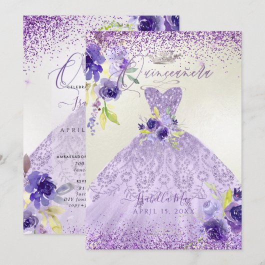 Quinceanera Lila Paars Silver Glitter Gown Invit Kaart (Voorkant / Achterkant)